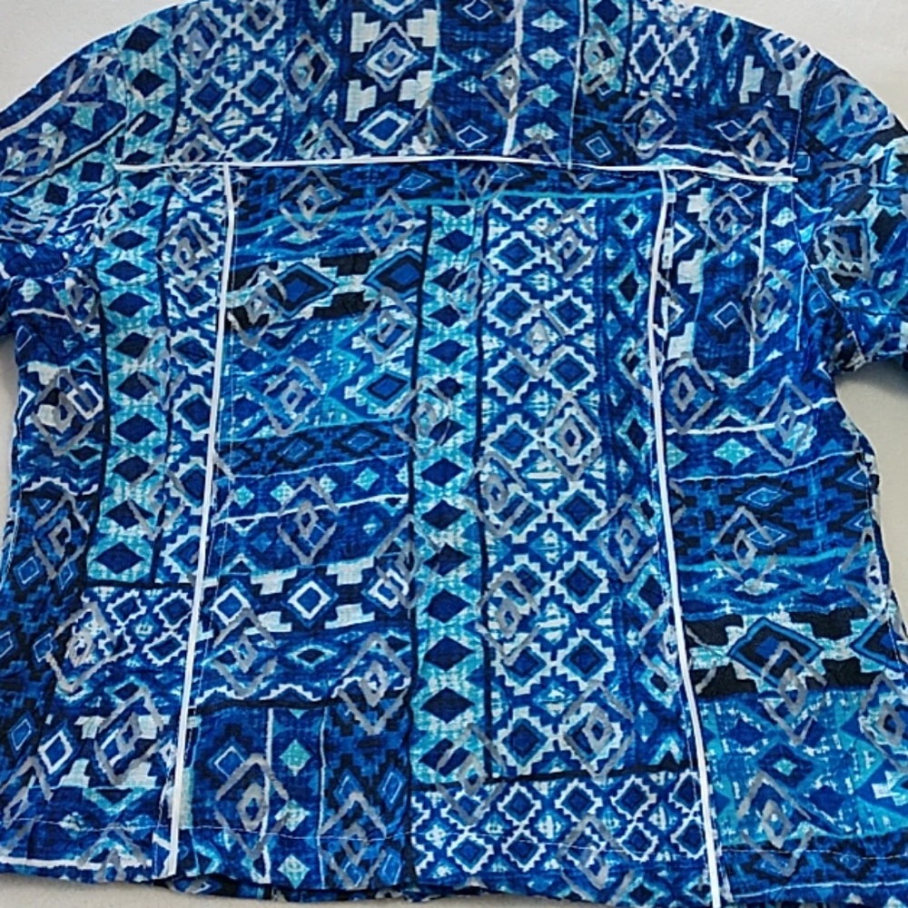 NEW Women's Aztec Top Geo Print Top Button Tab Long Slv Multi Blue Lark Lane 10 - Picture 7 of 8